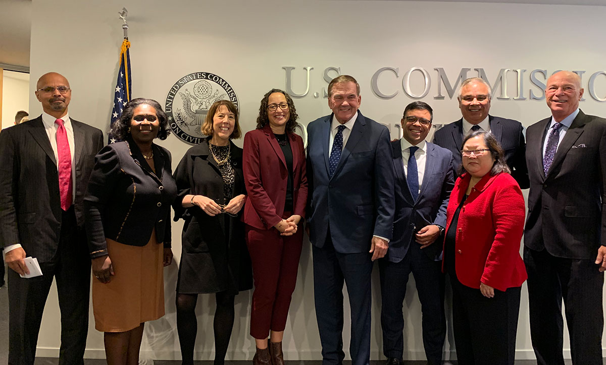 Gov. Tom Ridge with Chair Catherine E. Lhamon; Vice Chair Patricia Timmons-Goodson; Commissioners Debo Adegbile, Gail Heriot, David Kladney, Peter Kirsanow, and Karen Narasaki; and Staff Director Mauro Morales at our briefing on subminimum wages for people with disabilities, November 2019