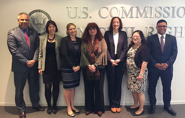 Chair Catherine E. Lhamon, Commissioners Debo Adegbile, Gail Heriot, and Karen Narasaki, and Staff Director Mauro Morales with Drs. Diane Afoumado and Rebecca Erbelding of the United States Holocaust Memorial Museum, April 2017